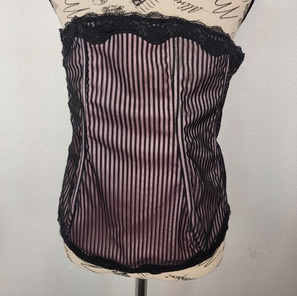 Cacique Sensual Corset Top 14/16 Pink Black Lace Up Boning Lace Overlaid - Picture 2 of 9